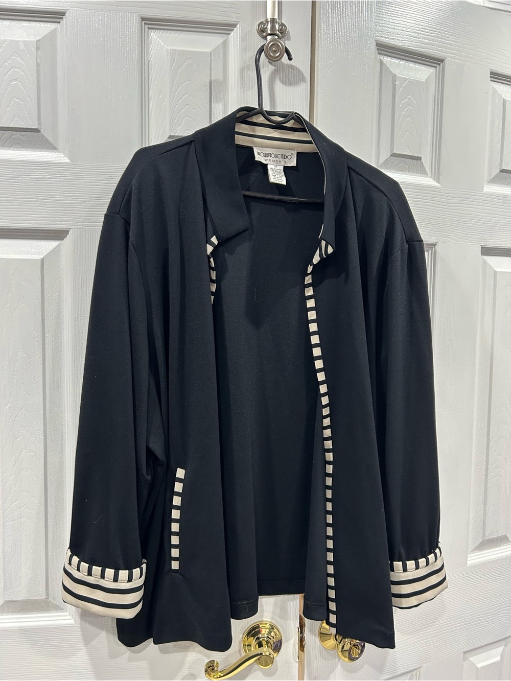 Black Open Blazer with Cream Stripe Trim